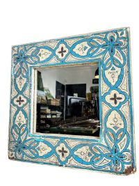 Vintage Moroccan Mirror Wood Framed Wall Hanging Heavy Blue Hand Painted Decor Bathroom Hallway DAMAGED c1960-70’s 3