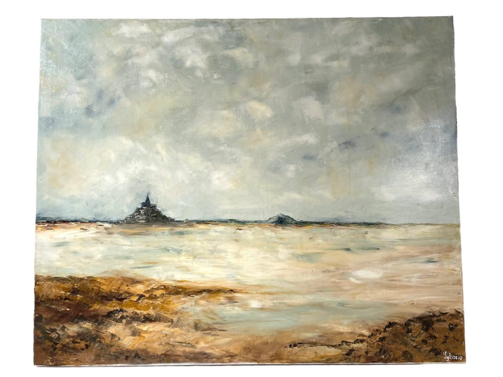 Vintage French Coastal Beach Low Tide Mont St Michel Large Painting Oil Skyline Coast On Canvas Signed Syl circa 2002