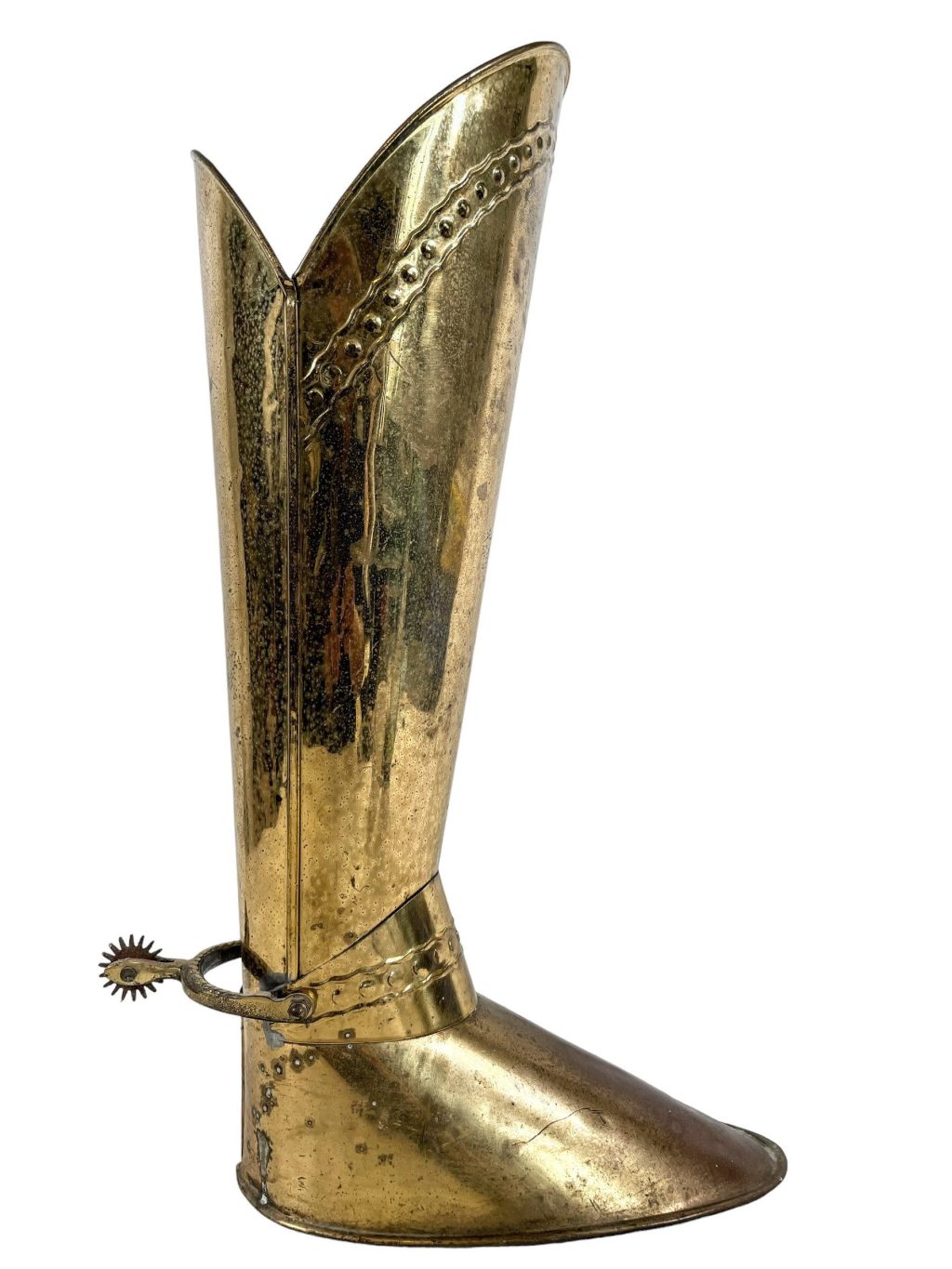 Vintage French Brass Armour Boot With Spur Metal Umbrella Walking Stick Stand Storage Pot Container Hallway Entryway c1960-70’s