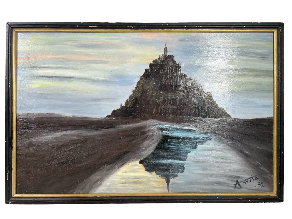 Vintage French Coastal Water Reflection Wave Mont St Michel Large Dark Night Painting Oil Skyline On Board Signed Anita circa 1992