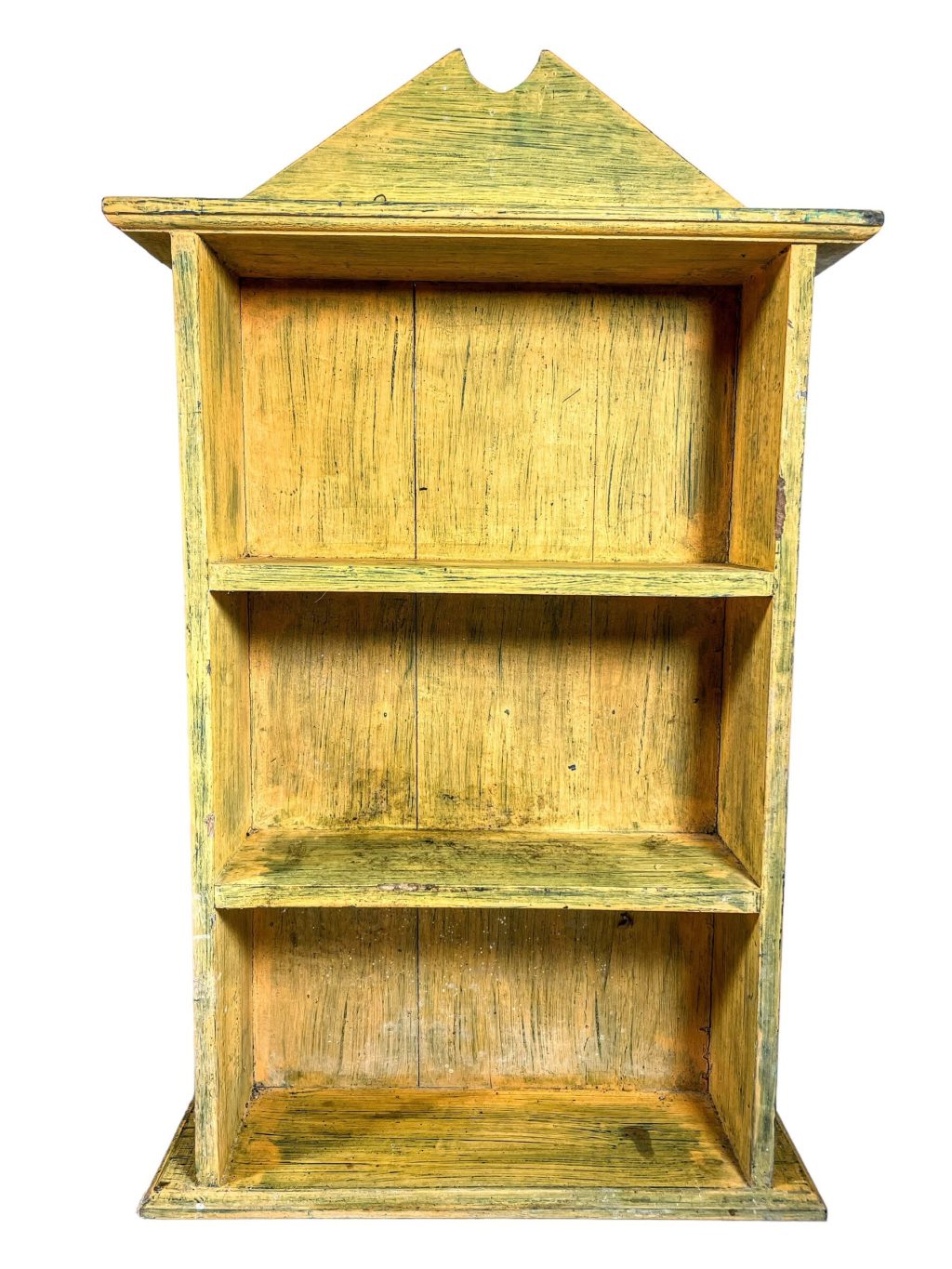 Vintage French Wooden Triple Shelf Painted Yellow Shabby Chic Stand Display Shelfs Wall Hanging Or Standing circa 1960-70's