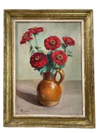 Vintage French Marest Still Life Red Yellow Flowers Oil Painting On Wood Board In Painted Gold Frame circa 1942