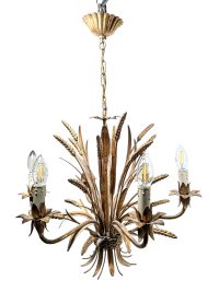 Vintage French Golden Wheatsheaf Hanging Chandelier Pendant Lamp Six Electric Light Lantern Candle Hanging c1970’s