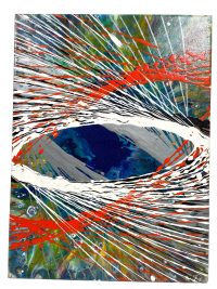 Vintage French “Eyes” Acrylic Painting On Canvas Wall Decor Decoration Pour Orange Blue Drip Splatter by John Francis c2000’s