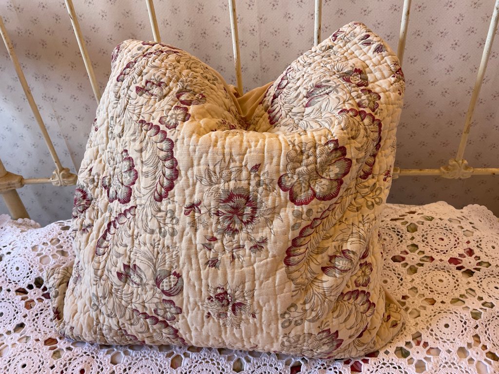 Vintage French Paris Quilted Cushion Pillow Off White Grey Bergundy Flowers Couch Bed Chair or Sofa circa 1980’s