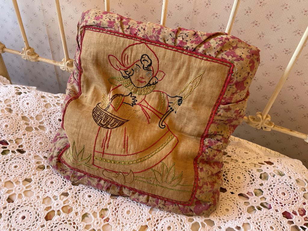 Antique French Square Feather Down Pillow Pillows Embroidery Off Pink Red Green Child Basket Couch Bed Chair or Sofa circa 1910-20’s