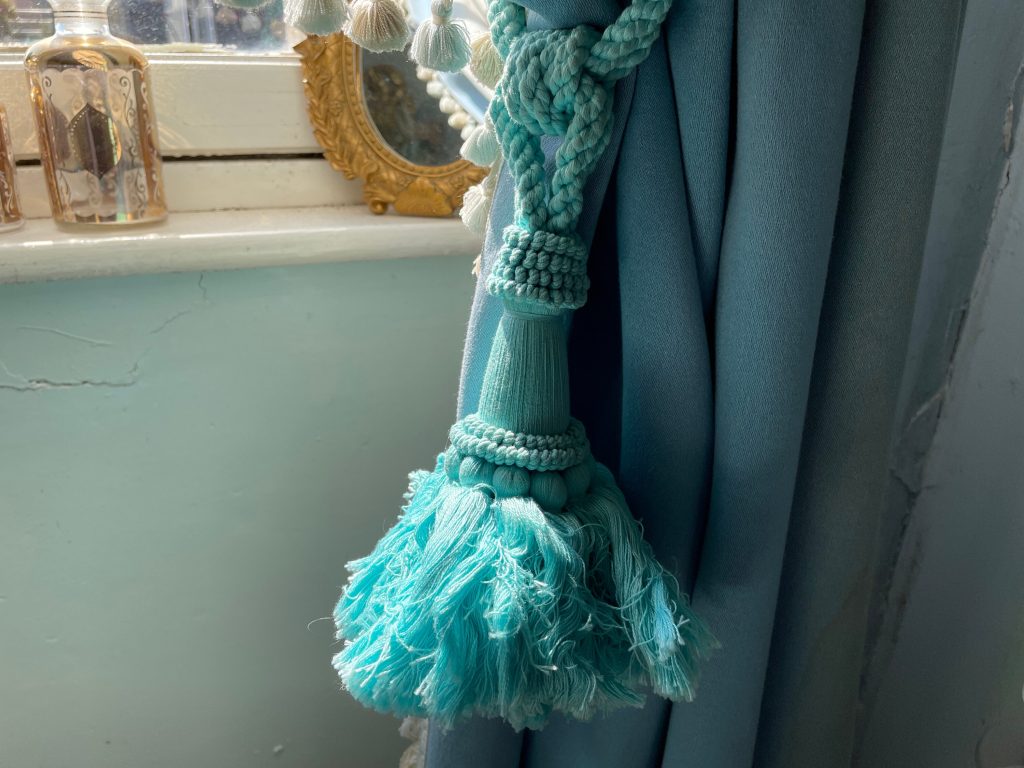 Vintage French Turquoise Blue Green Aqua Curtain Pullbacks Embrasse Rideaux Classic Large Curtain Tassel Tie Rope Ribbons 1960 – 70’s