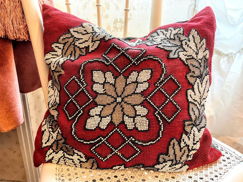 Vintage French Red Glass Pearl Embroidered Feather Down Fancy Cross Stitched Pillow Pillows Bed Chair Sofa Red White circa 1950-60's