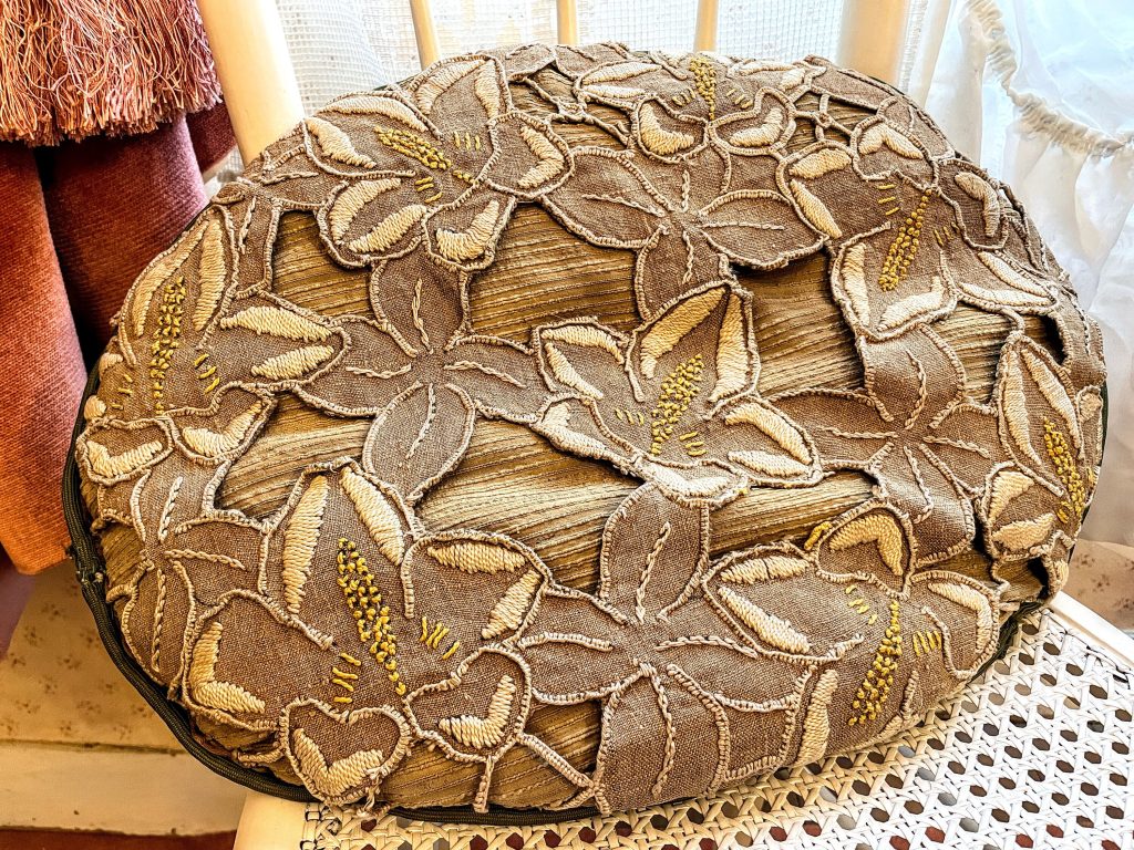 Vintage French Green Embroidered Double Sided Flower Motive Oval Pillow Pillows Bed Chair Sofa circa 1940-50's