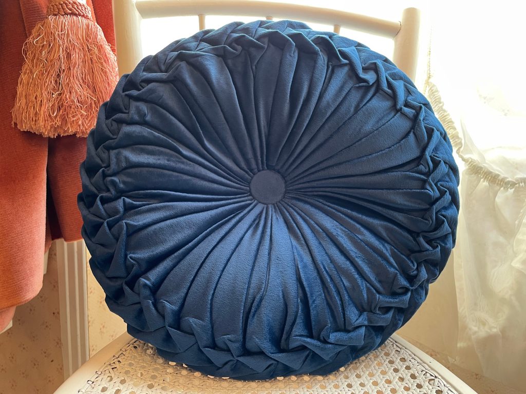 Vintage French Blue Fancy Velvet Draped Round Pillow Pair X2 Pillows Bed Chair Sofa circa 1980-90's