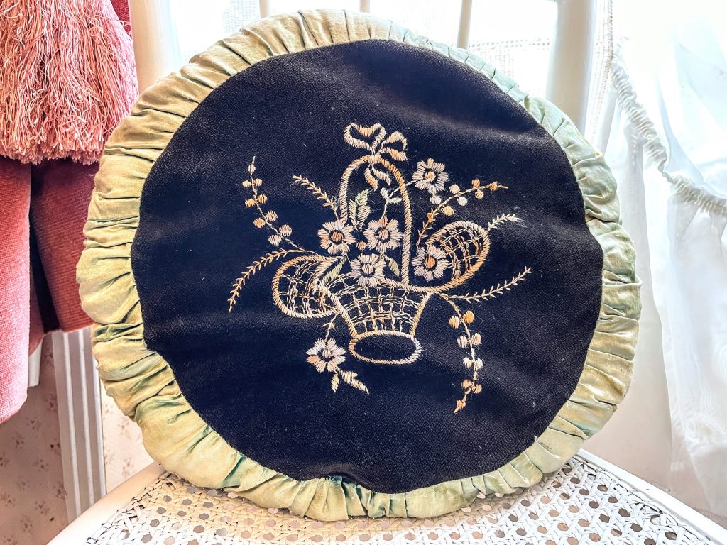 Vintage French Green Brown Ruffled Silk Velvet Basket Embroidered Round Pillow Pillows Bed Chair Sofa circa 1920-30's