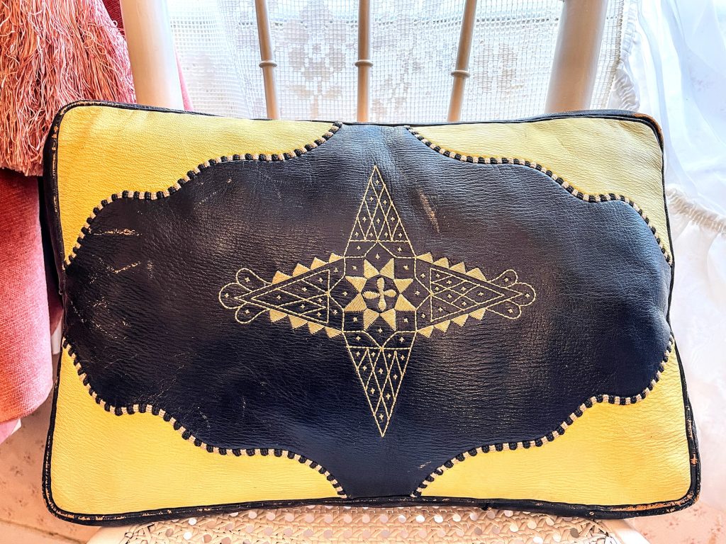 Vintage Moroccan Black Yellow Leather Rectangular Pillow Pillows Bed Chair Sofa circa 1970-80's