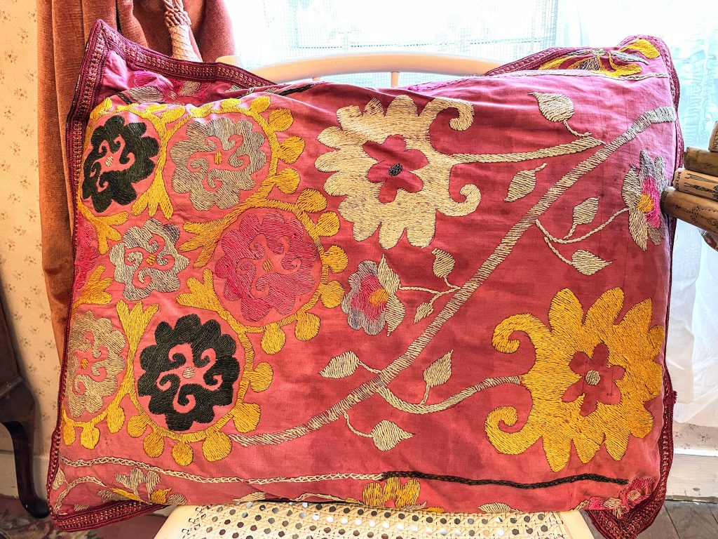 Vintage Indian Flower Embroidered Large Rectangular Flower Pillow Pillows Bed Chair Sofa circa 1970-80's