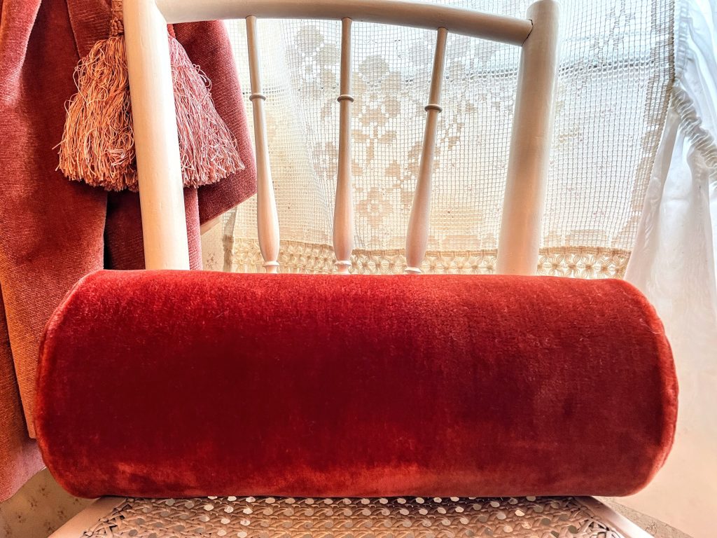 Vintage French Hard Burnt Orange Velvet Back Neck Roll Pillow Pillows Bed Chair Sofa circa 1940-50’s