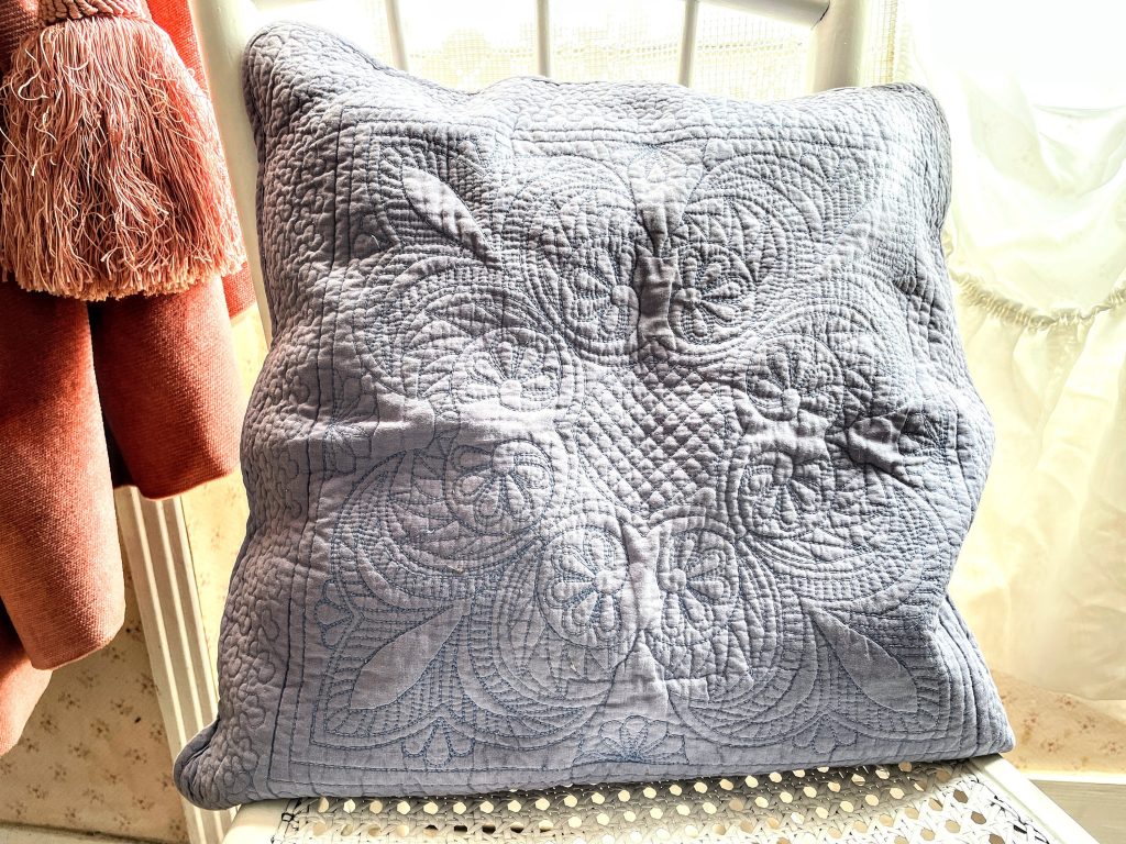 Vintage Faded Lavender Blue Quilted Square Cotton Pillow Cases Pillowcases Pillows Bed Chair Sofa circa 1970’s