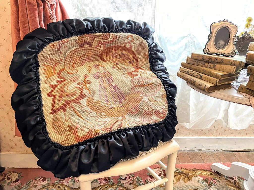 Vintage Extra Large French Cross Stitch Fancy Lady with Falcon circa 17-1800???s Scene Pillow Pillows Chair Sofa circa 1970’s