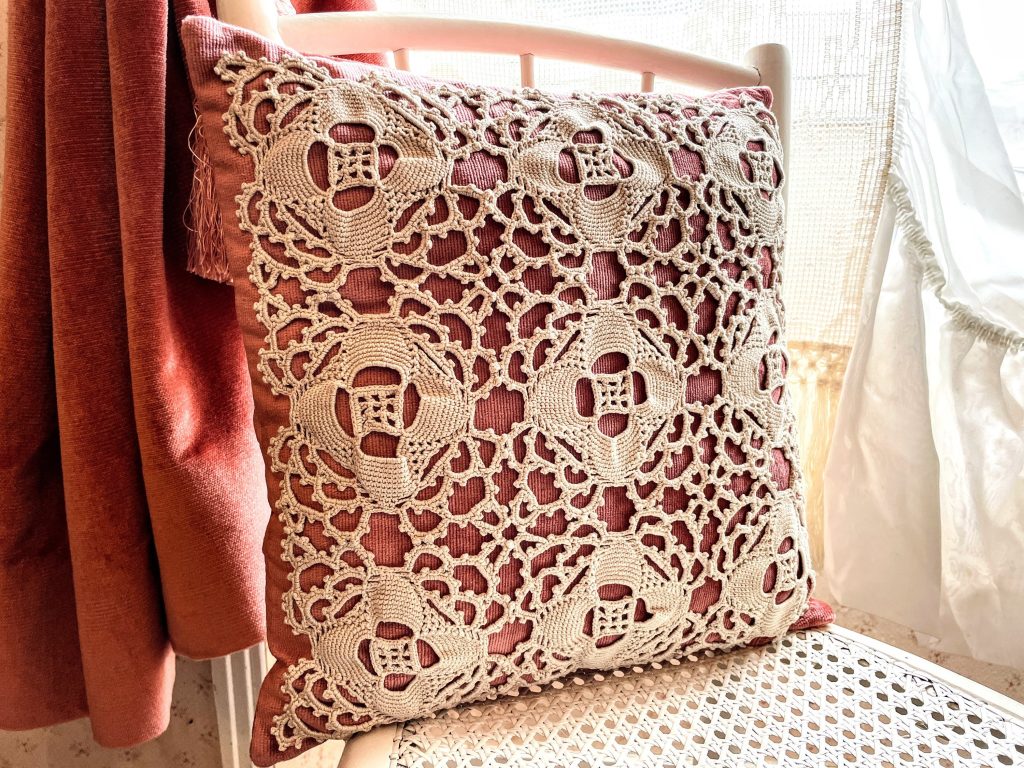 Vintage French Pink Velvet Square Beige Crochet Lace Flower Pillow Pillows Cushion Bed Chair Sofa circa 1990s