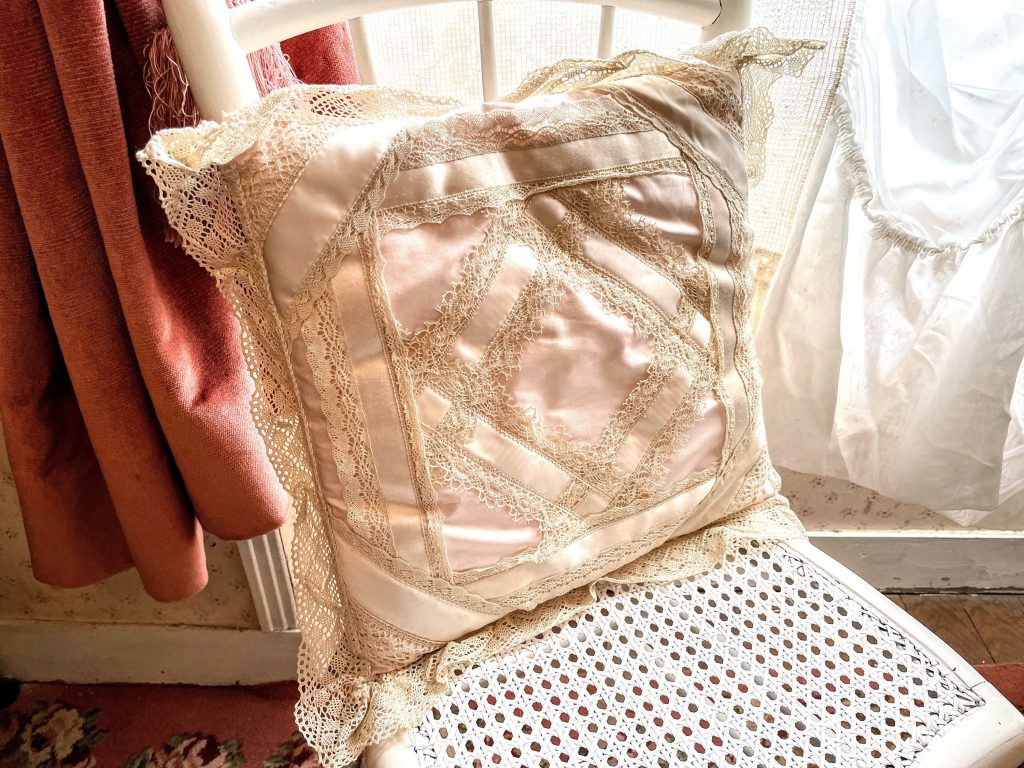 Vintage French Light Pink Square Beige Lace Pillow Pillows Cushion Bed Chair Sofa circa 1980s