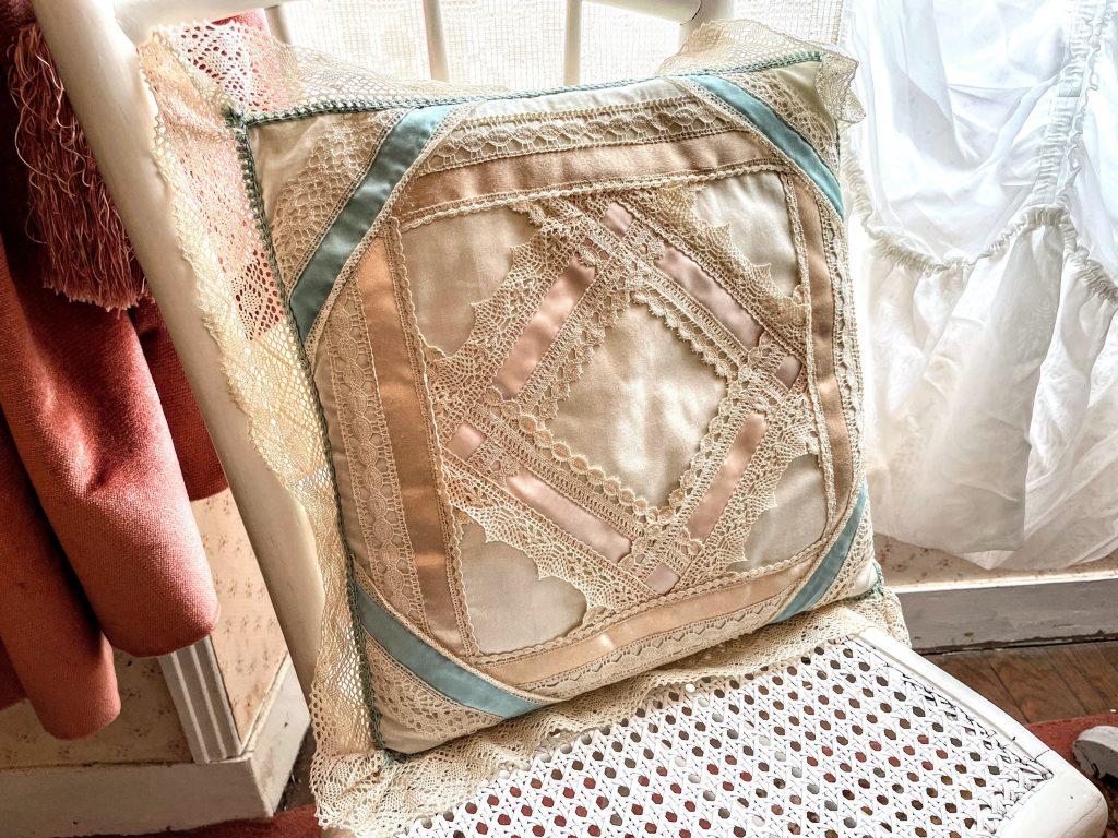 Vintage French Light Pink and Light Blue Square Beige Lace Pillow Pillows Cushion Bed Chair Sofa circa 1980s