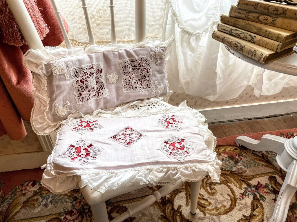 Vintage French White and Red Lace and Ruffles Set of 2 Pillows Cushion Bed Chair Sofa circa 1960s