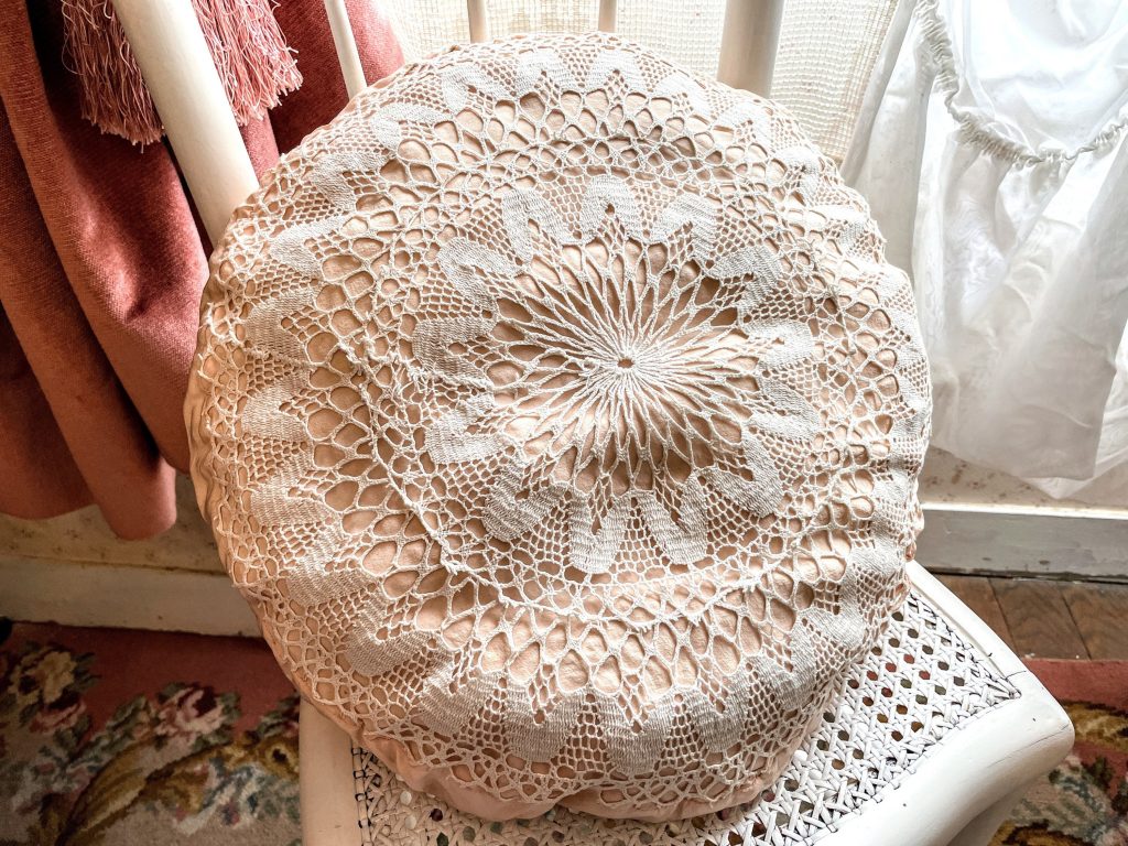 Vintage French Pale Pink Round White Crochet Lace Flower Pillow Pillows Cushion Bed Chair Sofa circa 1930s