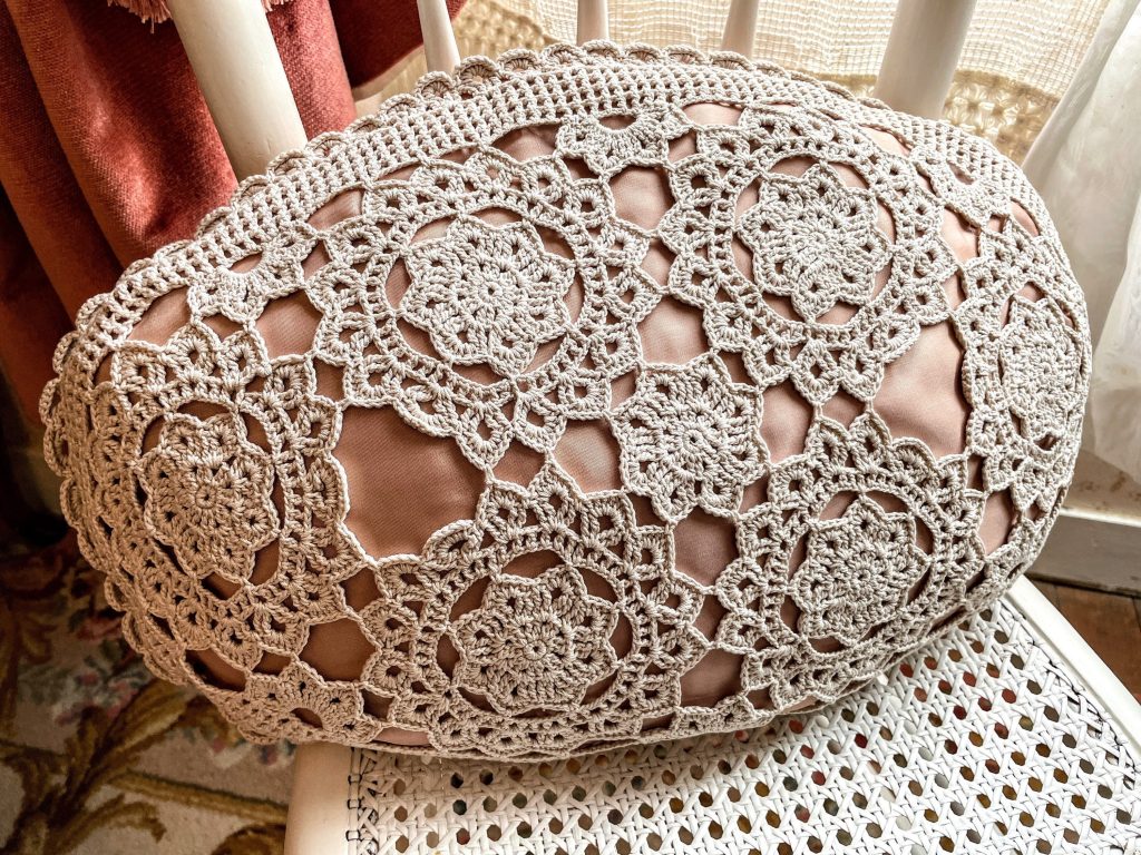 Vintage French Pale Pink Oval Beige Crochet Lace Flower Pillow Pillows Cushion Bed Chair Sofa circa 1980s