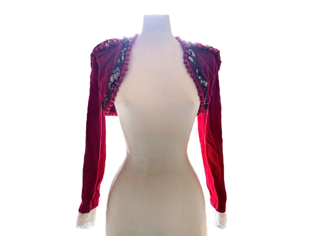 Vintage Red XXS Velvet Black and white Lace and Gold Paillettes and Pom Poms Theatre Costume Bolero Jacket Decor France circa 1980s