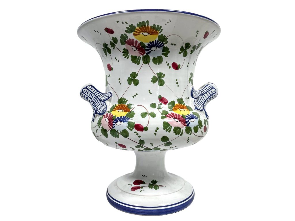 Vintage French Blue White Flower Decor Faience Ceramic Trophy Vase Champagne Bucket Pot Ornament Storage Display circa 1970-80’s