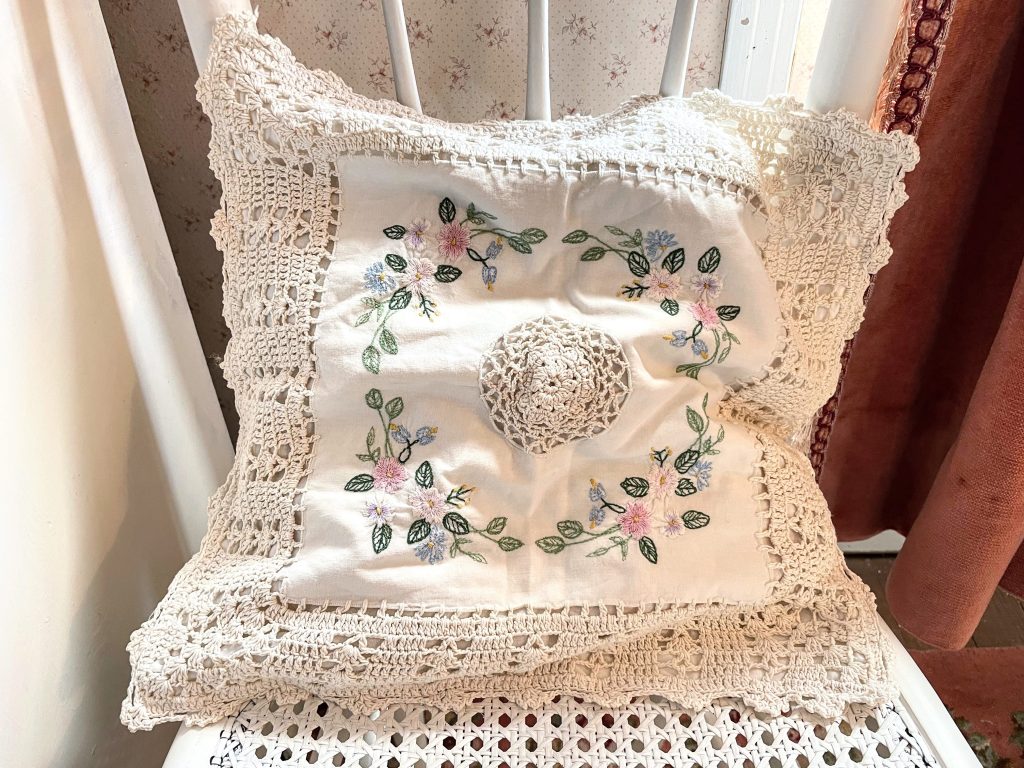 Vintage French Cotton Crochet Embellished Pillow Case Fancy Square Cushion Pillow Cover Pillows Bed Chair Sofa circa 1970-80’s