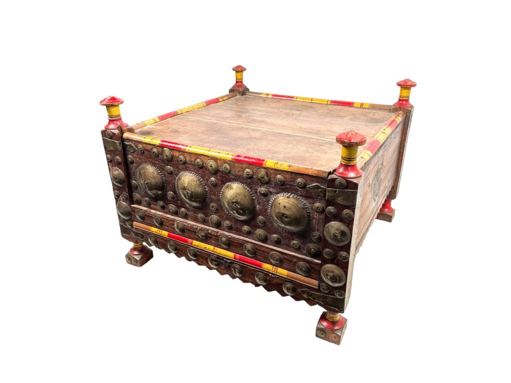 Vintage Indian Sri Lankan Side Table Chest Wooden Brass Metal Wood Plant Stand Support Ornate Detailed  c1950’s de France