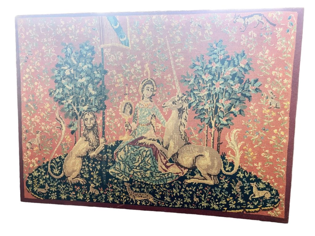 Vintage French Large Needlepoint Tapestry Cross Stitch The Lady & The Unicorn La Dame a la Licorne circa 1970-1980’s