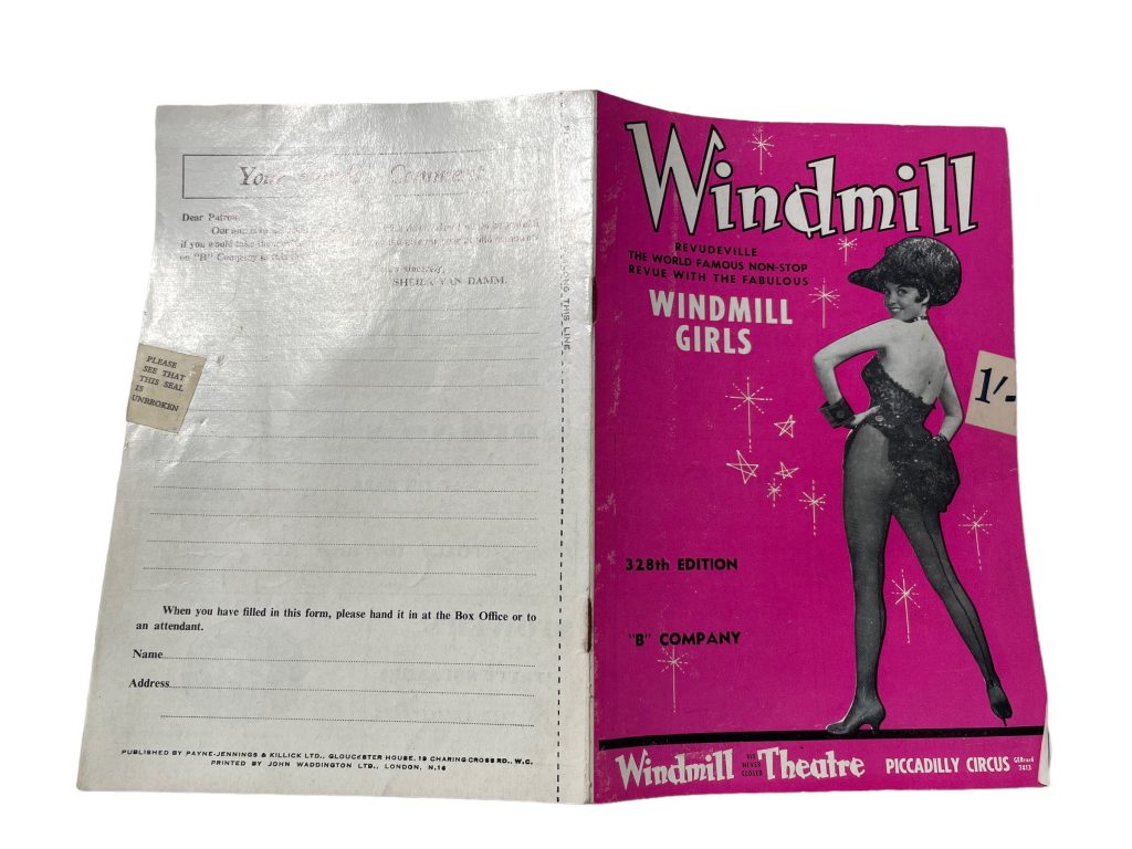 Original Vintage English Windmill Theatre Windmill Girls Program Play Musical Souvenir Collectable Programme c1962