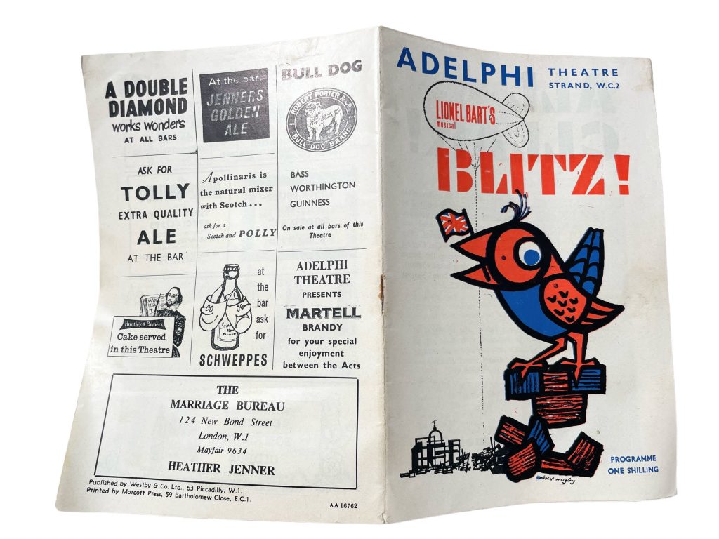 Original Vintage English Adelphi Theatre Blitz Program Play Musical Souvenir Collectable Programme c1962