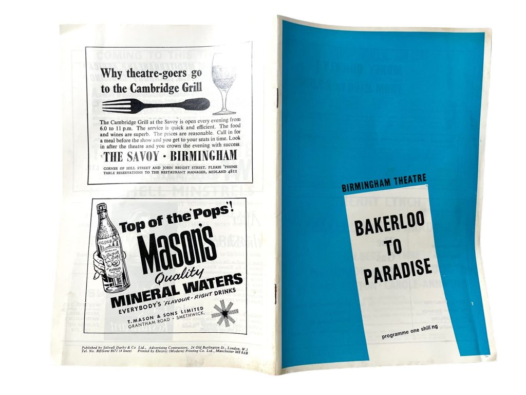 Original Vintage English Birmingham Theatre Bakerloo To Paradise Program Play Musical Souvenir Collectable Programme circa 1969