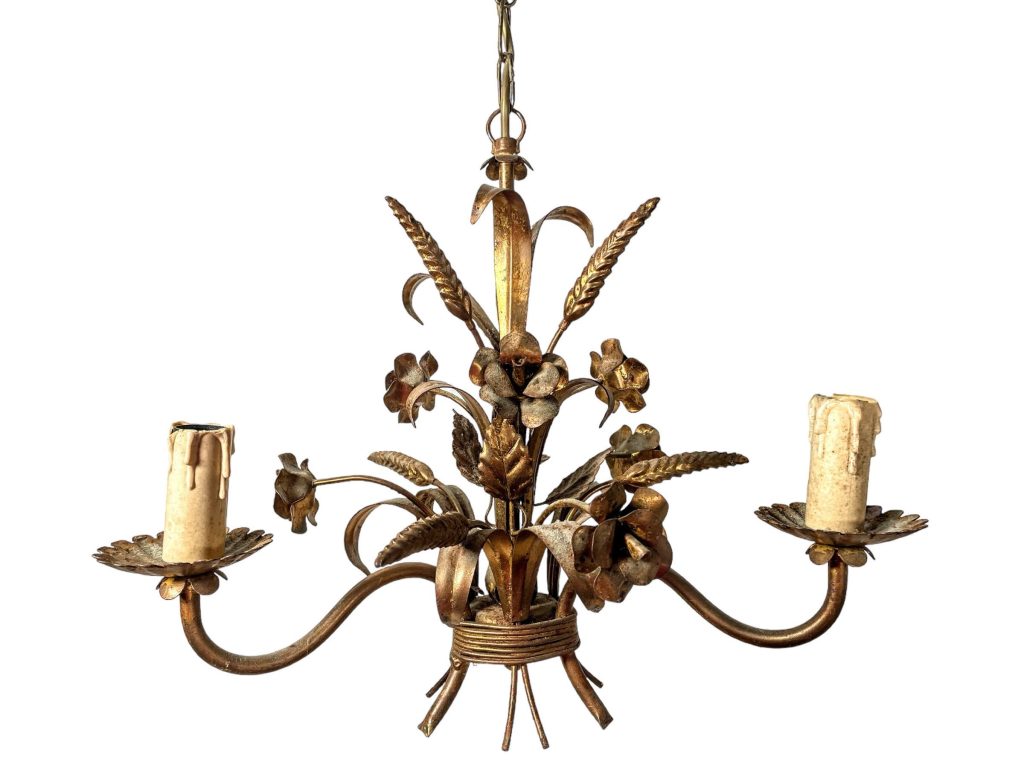 Vintage French Golden Wheatsheaf Hanging Chandelier Pendant Lamp Three Electric Light Lantern Candle Hanging c1970’s