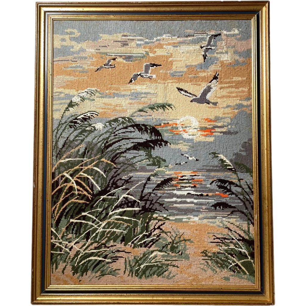 Vintage French Tapestry Sun Grass Seaside Beach Birds Framed Wall Hanging circa 1970’s