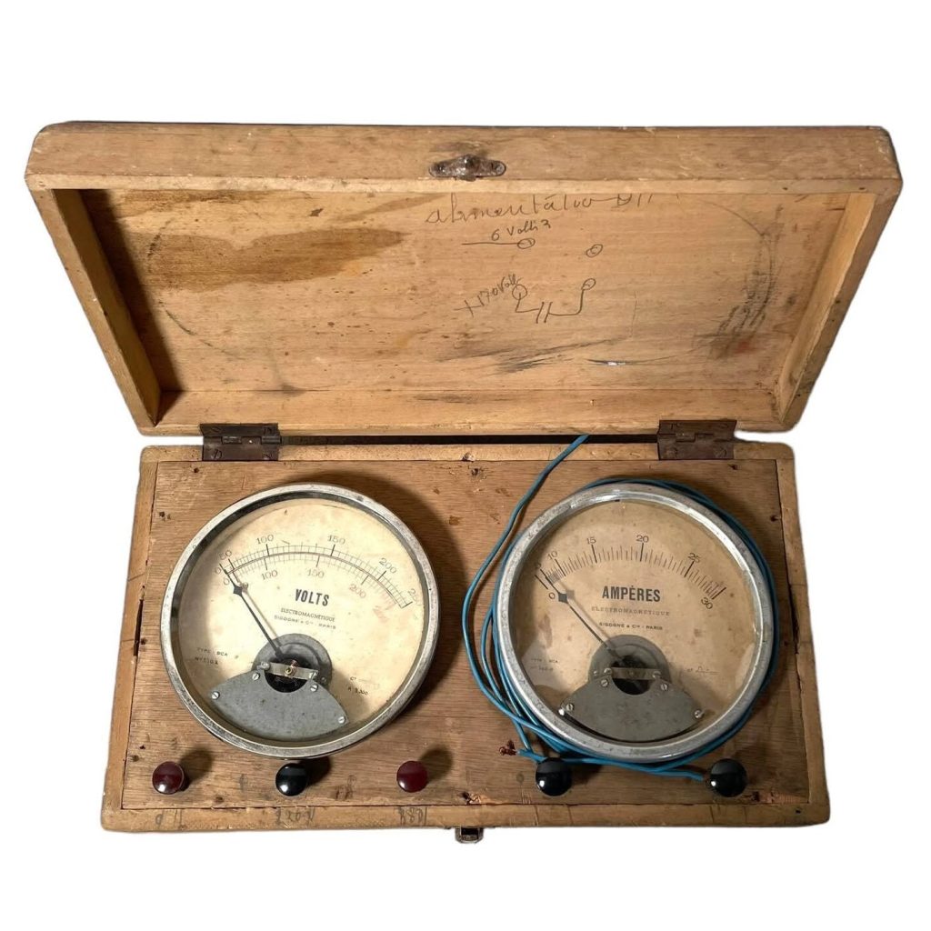 Vintage French Home Made Case Amp Amperes Voltage Meter electrical equipment wooden cased Paris circa 1950-60’s