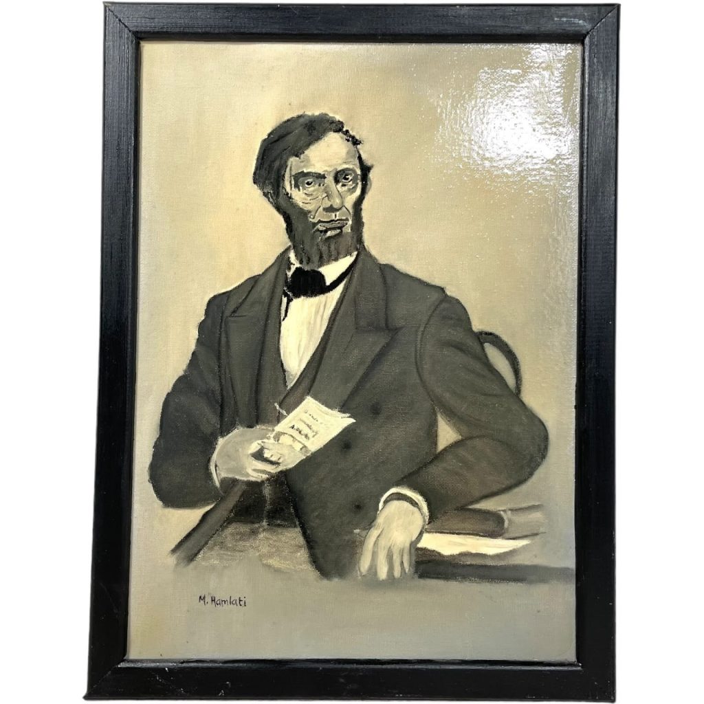 Vintage French Varnished Painting Original Artwork Portrait Moment In Time Art Abraham Lincoln Signed M. Hamlati c1990-2000