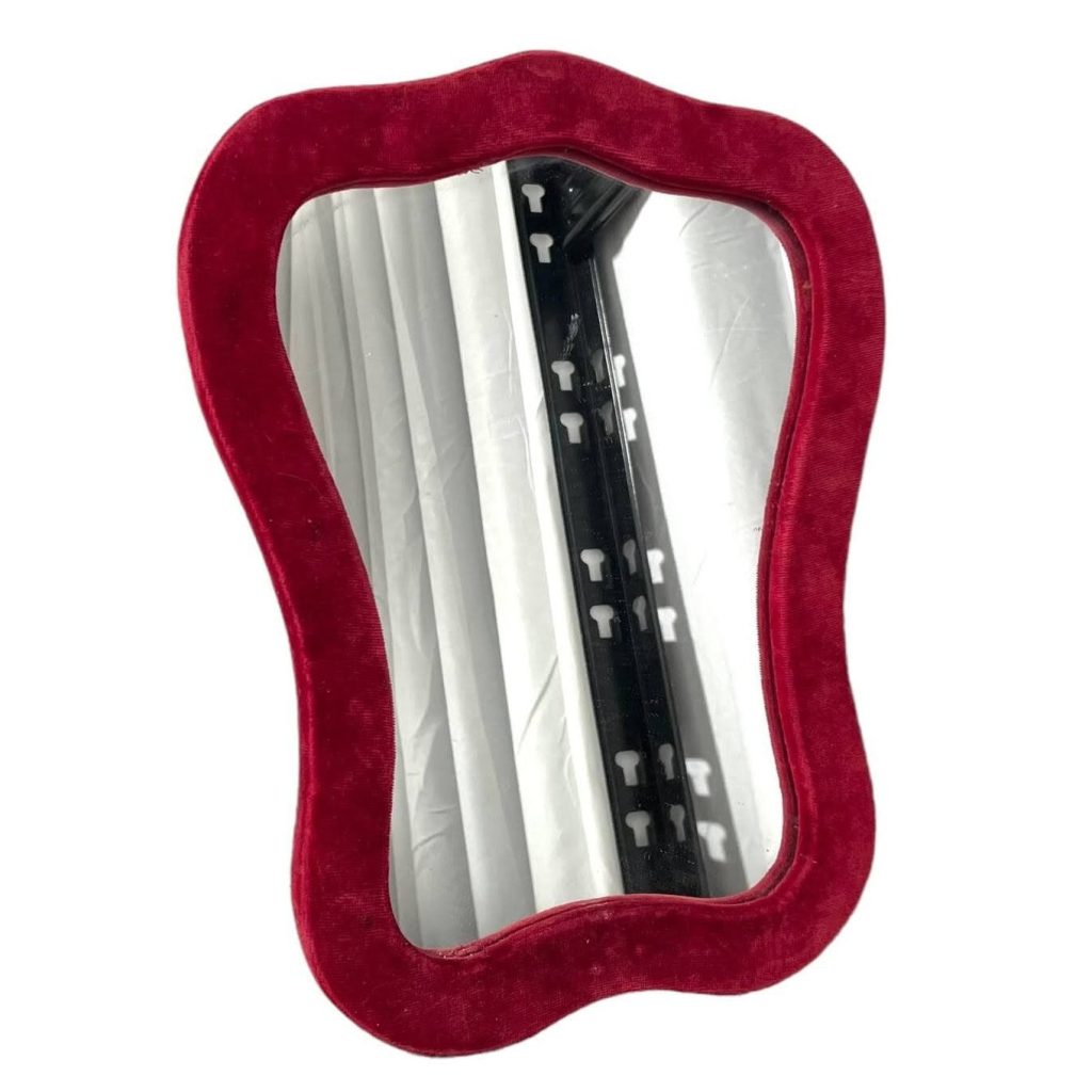 Vintage French Small Ornate Red Velvet Wood Glass Wall Hanging Mirror Glass Decorative Cloakroom Wooden c1960-70’s