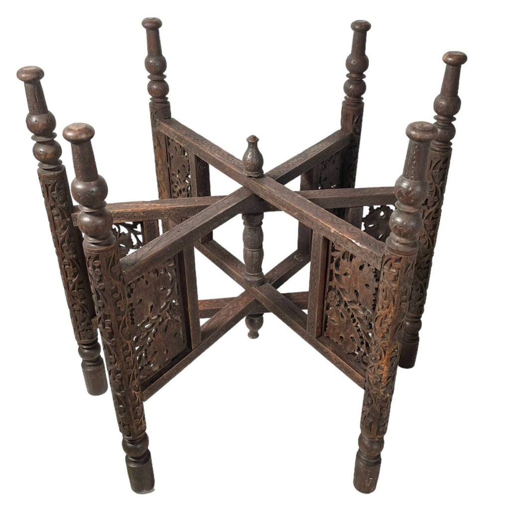Vintage Medium Large Indian Ornate Wooden Folding Table Tray Legs Support Stand Plinth Dark Wood circa 1960-70’s