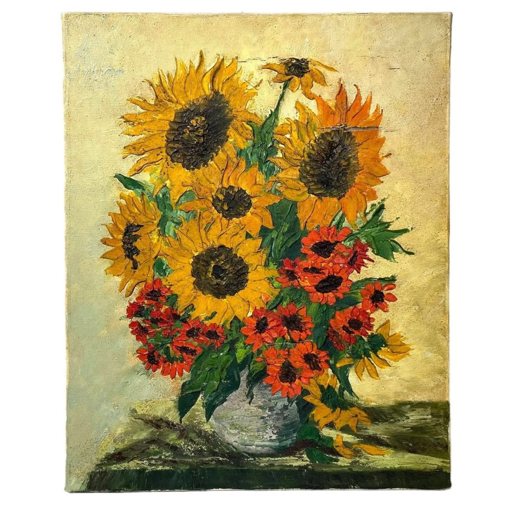 Vintage French Still Life Sunflower Flowers Study Oil Painting On Canvas Damaged circa 1970’s