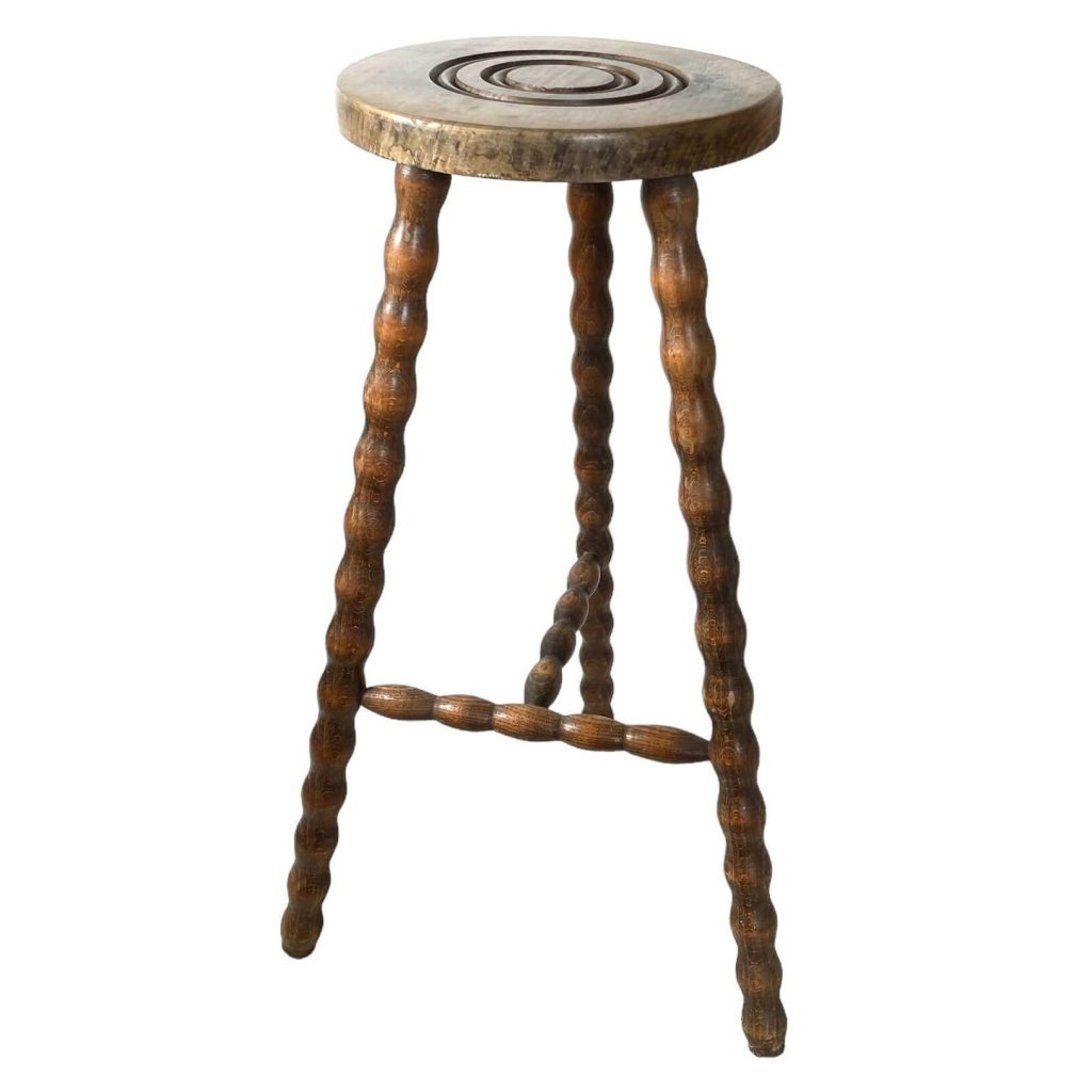 Vintage Stool French Tall Wooden Wood Plant Pot Stand Seat Kitchen Table Farm Round Shaped Seat Braced Bobbin Style Tabouret c1960’s