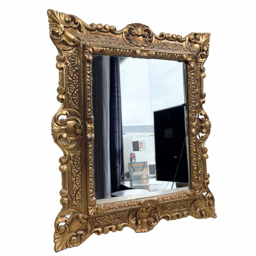 Vintage Italian Gold Reproduction Fancy Louis XV Style Syroco Mirror Wall Hanging Bedouir Plastic Frame c1980-90’s