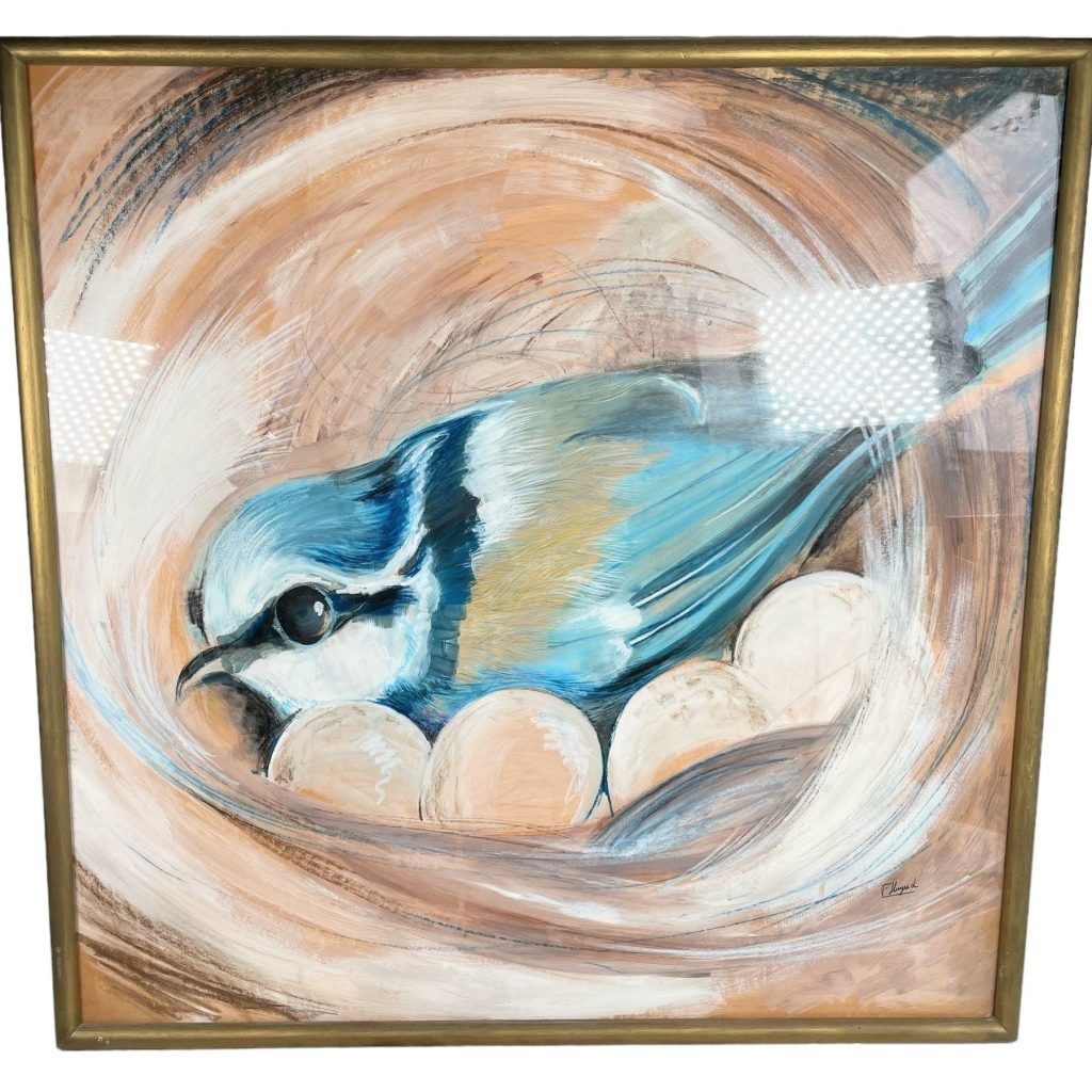 Vintage French Large Framed Crayon Pastel Drawing Painting “Mesange Bleue” Blue Tit Nesting Nest Bird Signed circa 1991