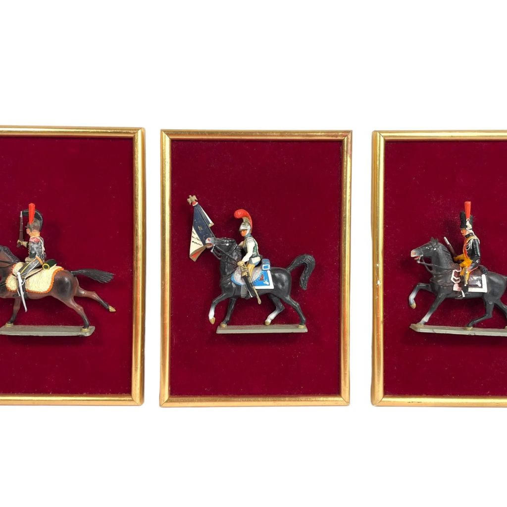 Vintage French Wooden Framed 1800’s Model Soldier On Horseback Wall Mounted Display Set Of Three circa 1970’s
