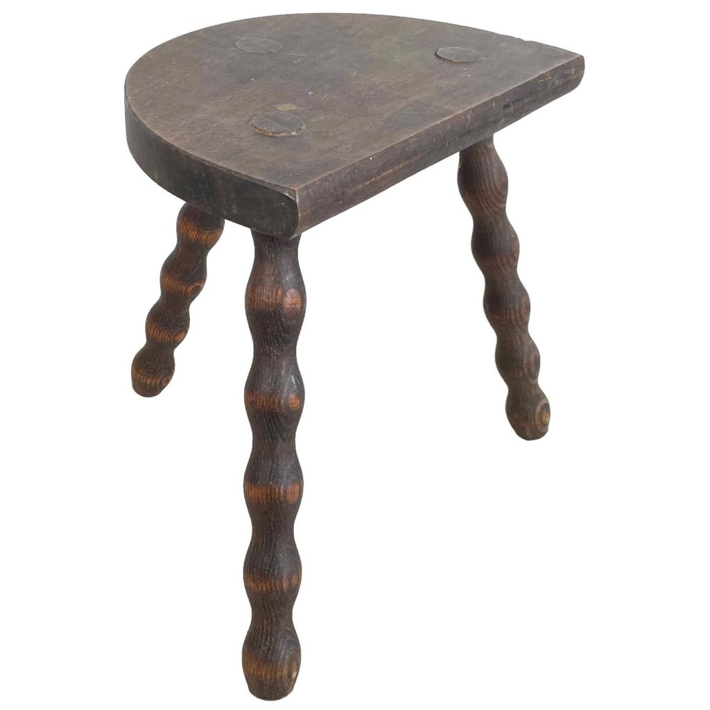 Vintage French Wooden Bobbin Leg Milking Stool Chair Seat Table Farm D Shaped Seat Plant Rest Stand Plinth Tabouret c1960’s