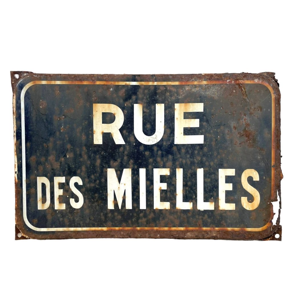 Vintage French Original Iron Enamel Street Sign Rue De Mielles Metal Road Display Promotional c1950’s