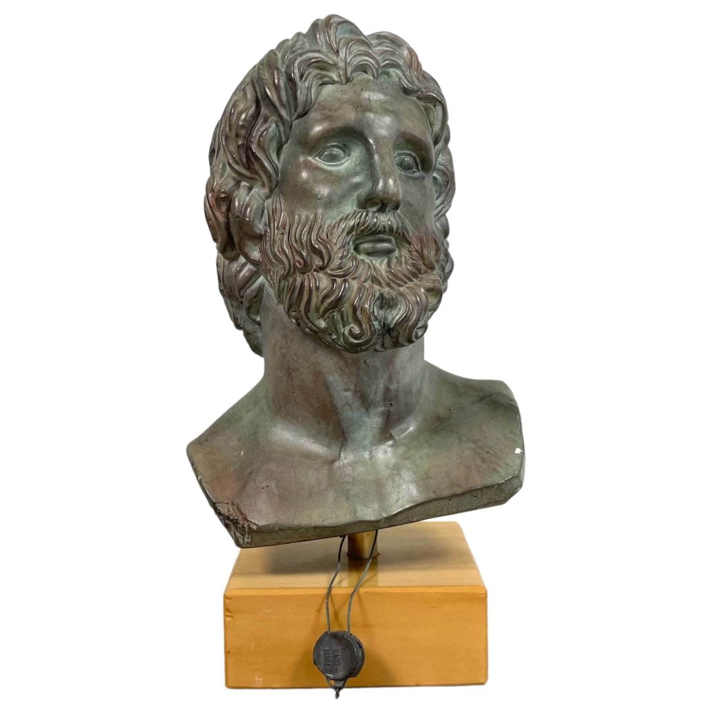 Vintage Greek Askupios Neocine Bronzed Plaster Wood Stand Bust Head Ornament Figurine Display Gift c1980’s
