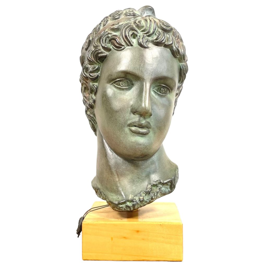 Vintage Greek Apolon Bronzed Plaster Wood Stand Bust Head Ornament Figurine Display Gift c1980’s