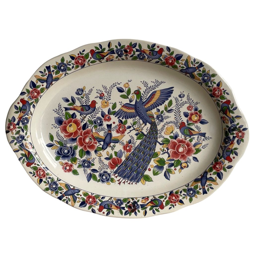 Vintage French Peacock With Hen Large Serving Platter Ceramic Roast Dinner Dish Plate Decorative Table circa 1950-60’s